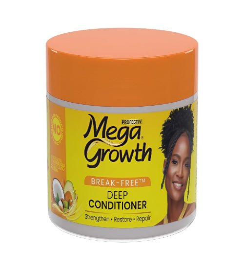 Mega Growth Deep Conditioner jar with an orange lid on a white background